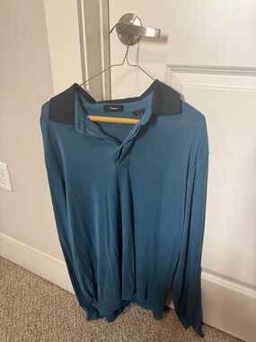 Theory Teal-Blue Long-Sleeve Polo with Black Collar